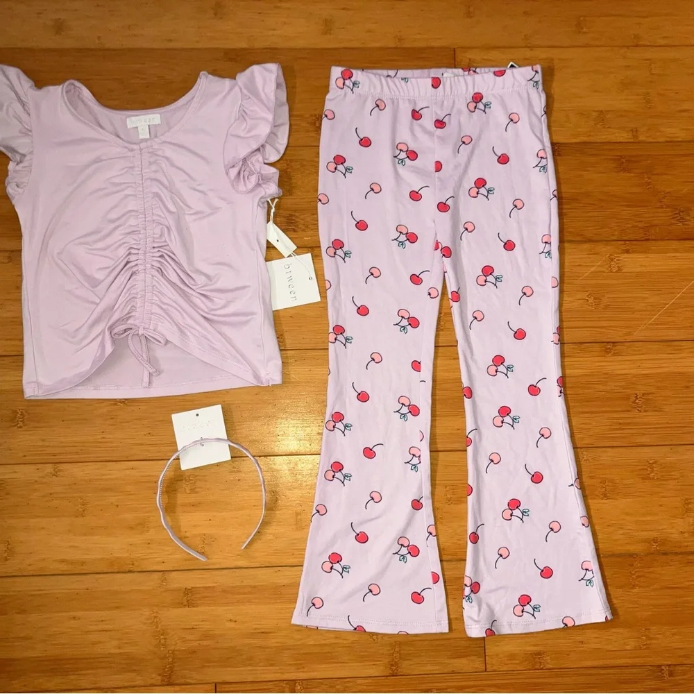 NWT Girls Size 6 Lavender Cherry Print Outfit - Top Shirt & Flare Pants Set - Picture 2 of 2